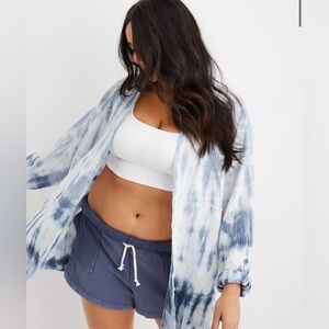 Aerie Gauzy Light Blue Tie-Dye Swim Cover-Up Shirt Size M